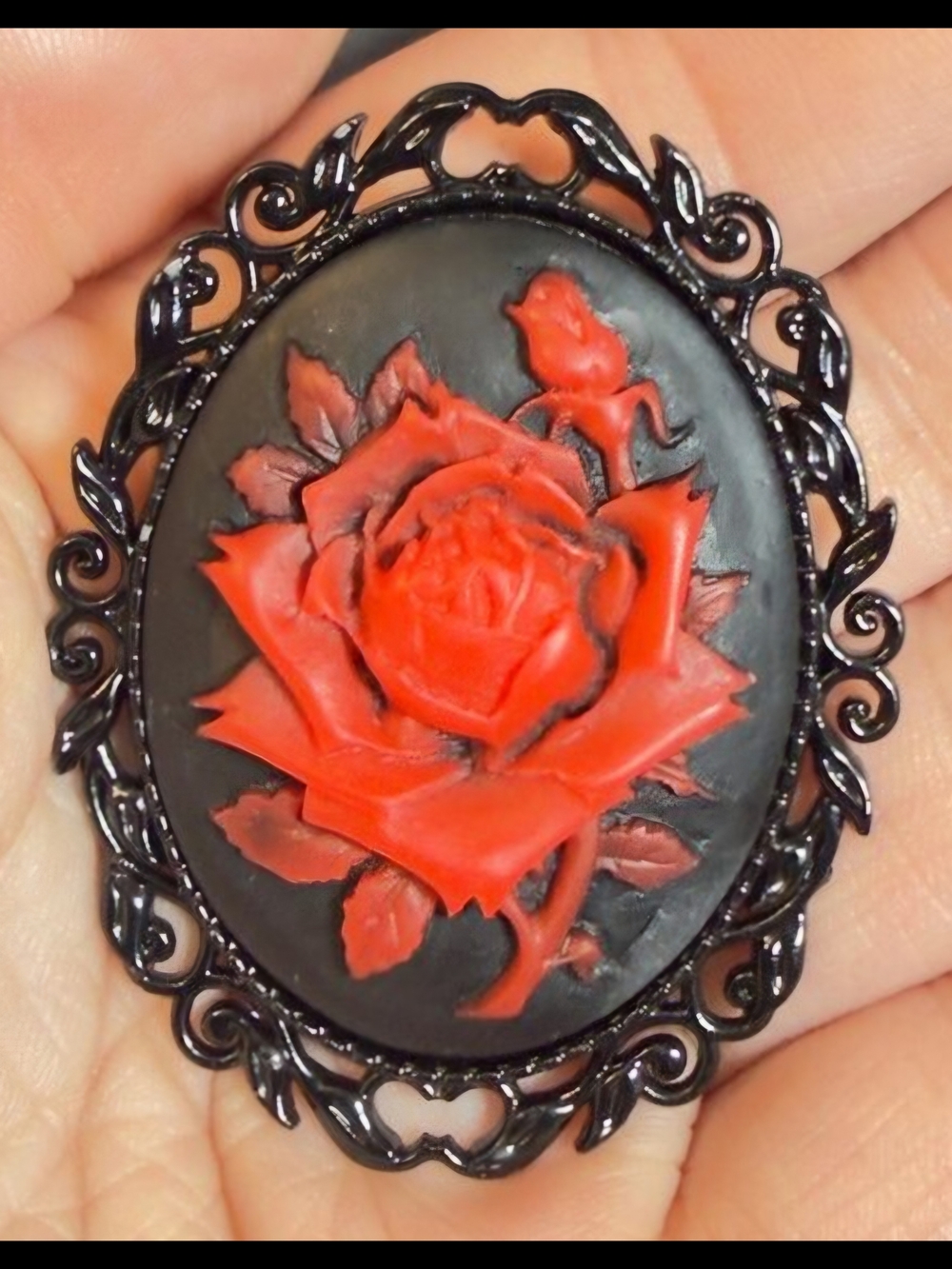 Rose cameo style brooch red flower black framing pin 2.25